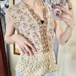 Lucky Brand Boho Cream Pink V Neck Mixed Media Sleeveless top Small